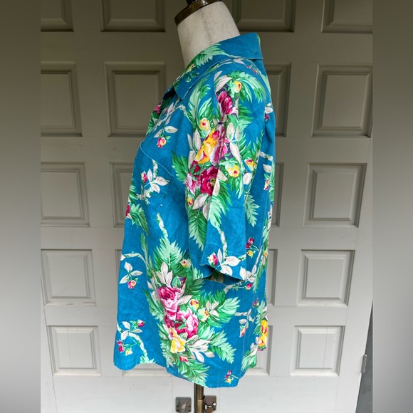 Lauren Ralph Lauren Turquoise Blue Linen Floral Linen Button Down Shirt - Picture 3 of 6